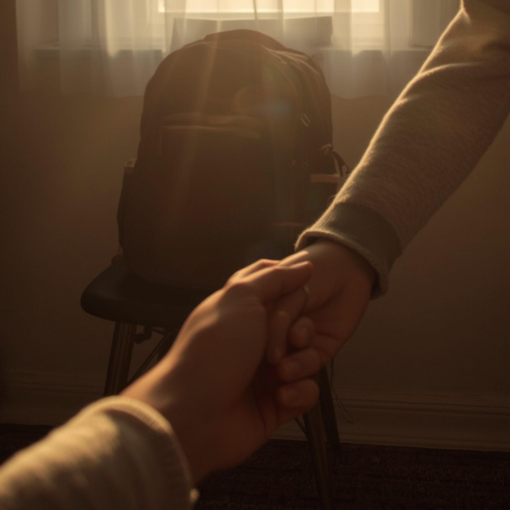A parent and child hold hands in warm golden morning light, a school backpack resting on a chair in the background, symbolizing support and advocacy on the journey to school.