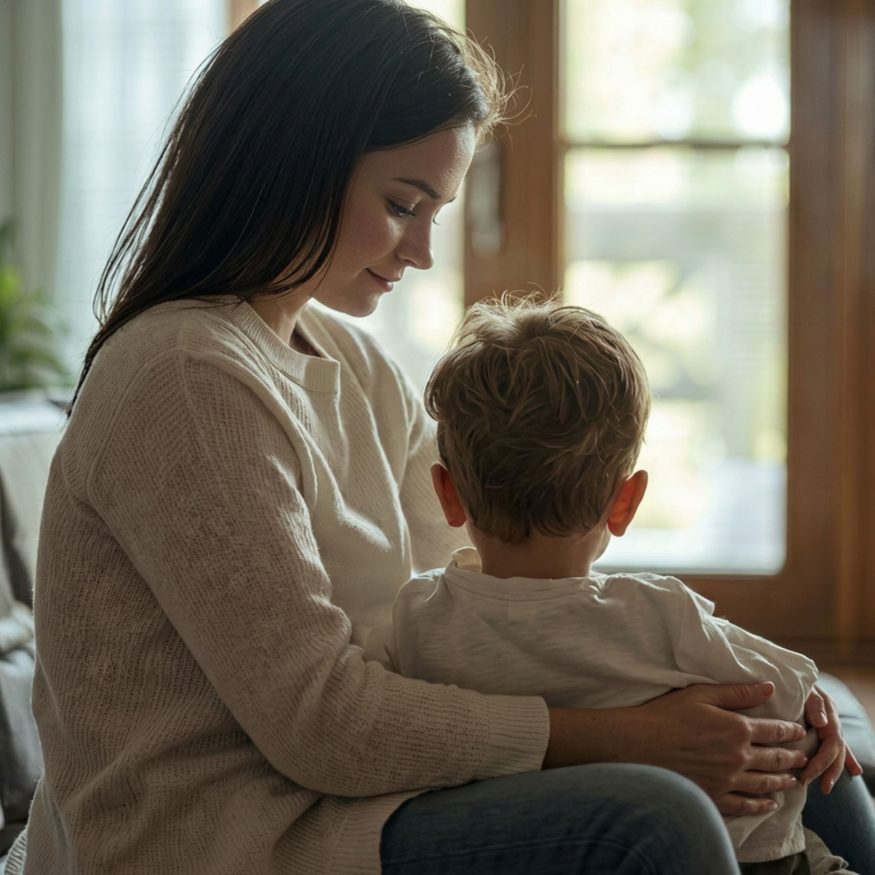 A dark-haired woman in a cream sweater sits with a young boy on her lap, gently embracing him. She looks down at him with a warm, caring expression. Soft natural light filters through a window behind them, creating a calm and nurturing atmosphere.