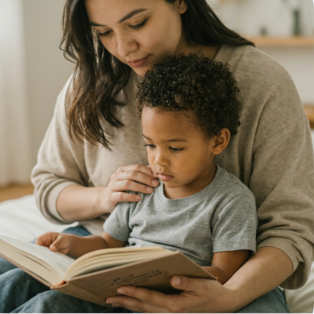 Woman reading a book to a child in a cozy indoor setting