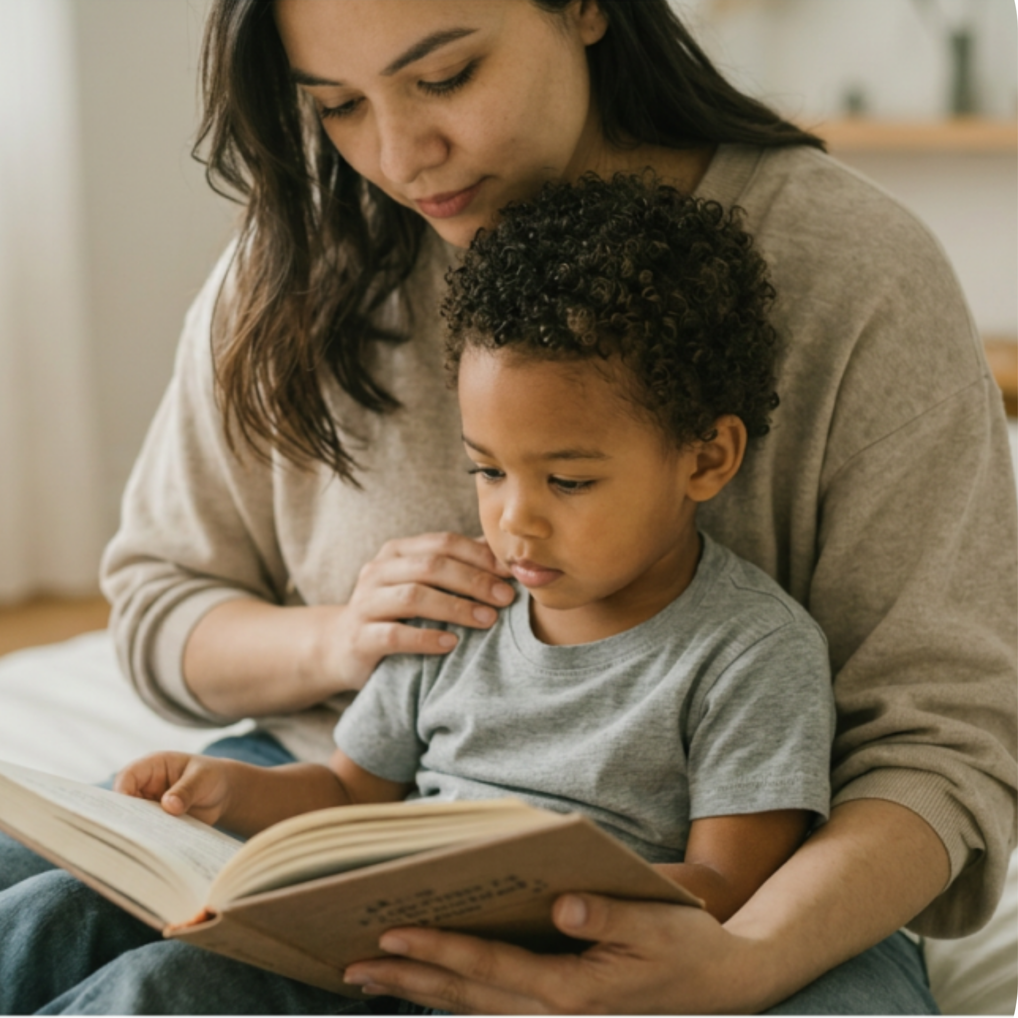 Woman reading a book to a child in a cozy indoor setting