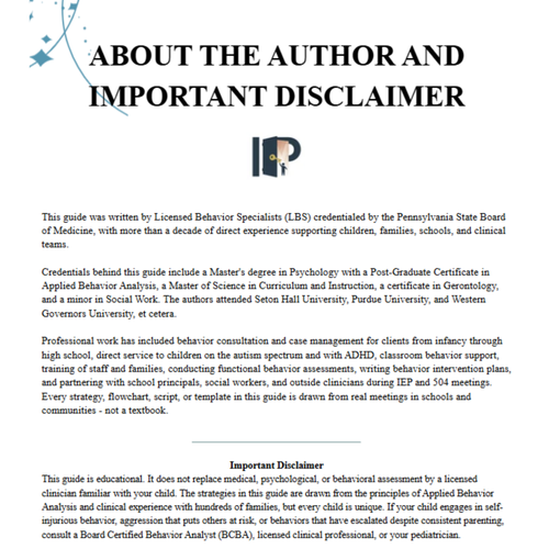 Text document about the author and important disclaimer with a logo at the top.