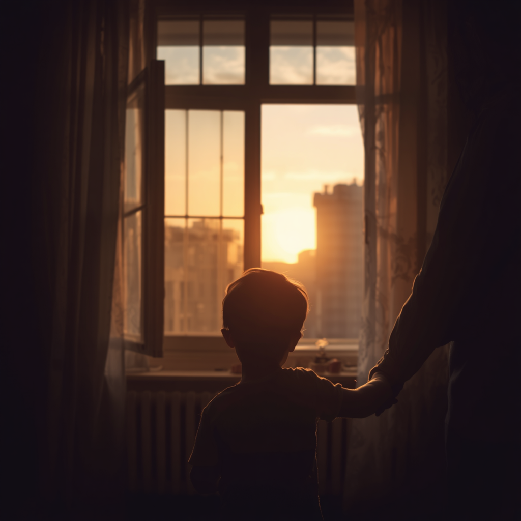 Silhouette of a child and an adult by a window at sunset.