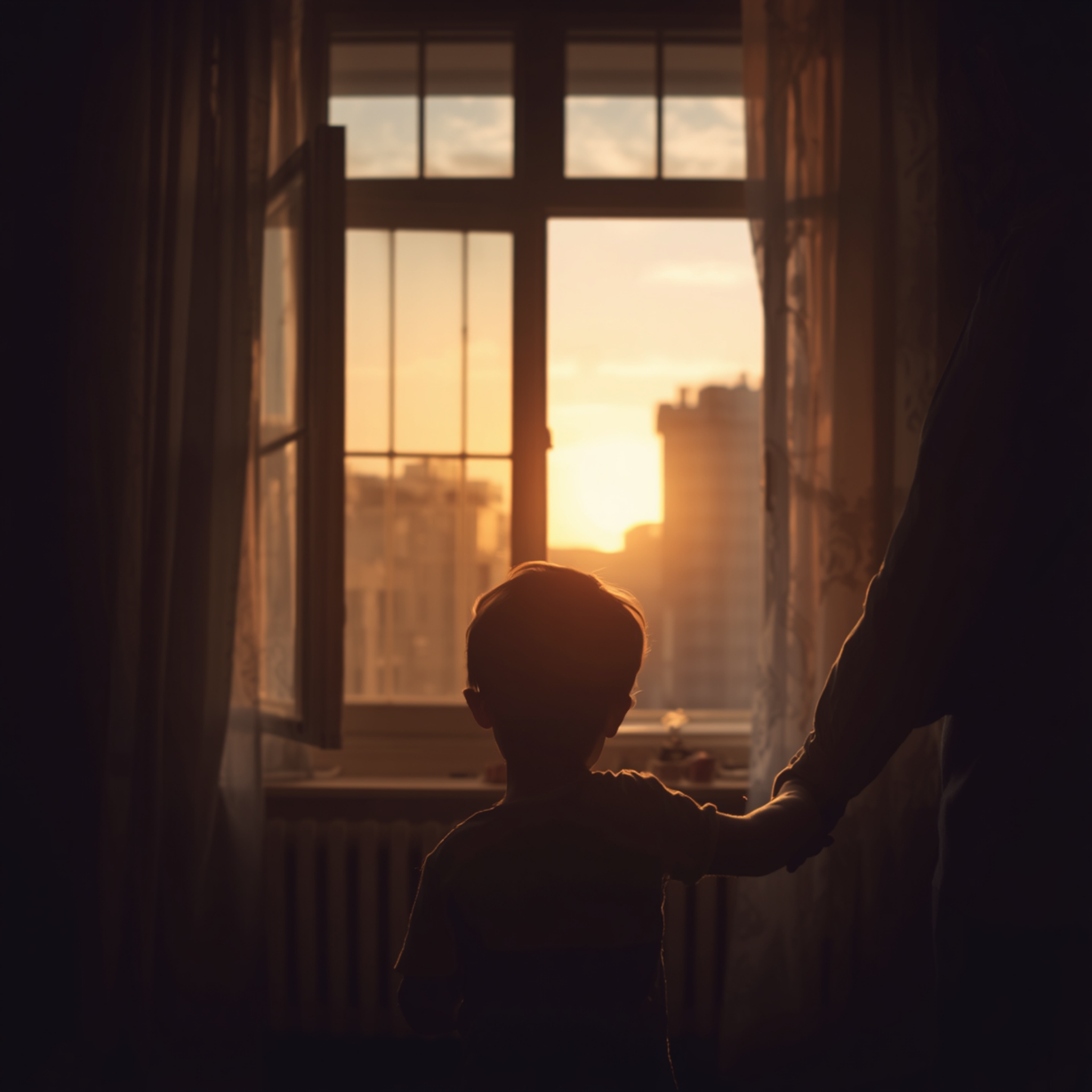 Silhouette of a child and an adult by a window at sunset.